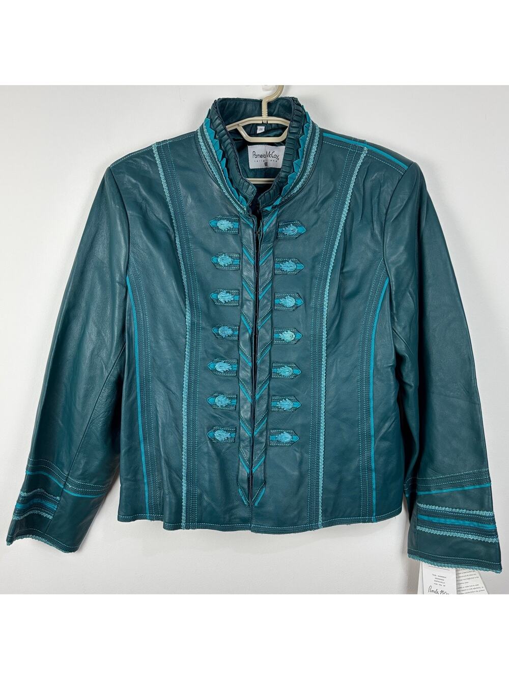 Pamela McCoy NEW Teal Blue Leather Jacket 2X renaissance edgy